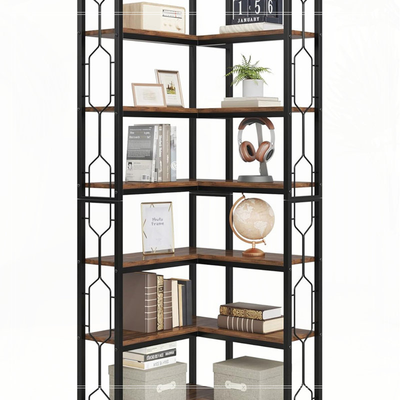 78.74" Tall 7-Tier Industrial Corner Bookshelf Tall Wood Metal Etagere Display Shelf For Home Office, Rustic Brown