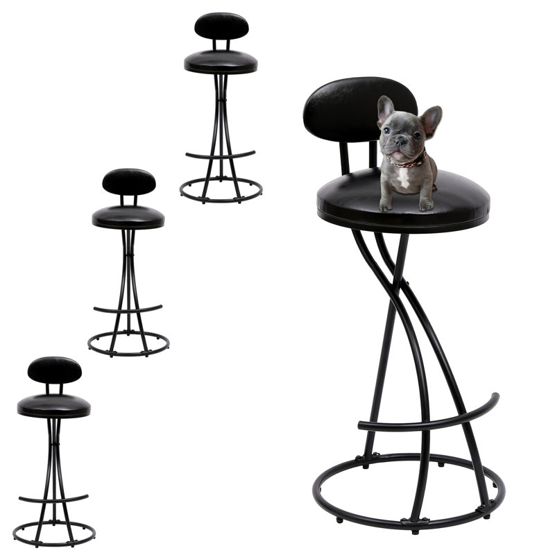 Modern S-Shaped Metal Leather Round Bar Stools With Footrest (Set of 4), Black