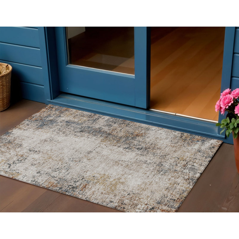 3' X 5' Ivory Blue And Copper Abstract Washable Indoor Outdoor Area Rug