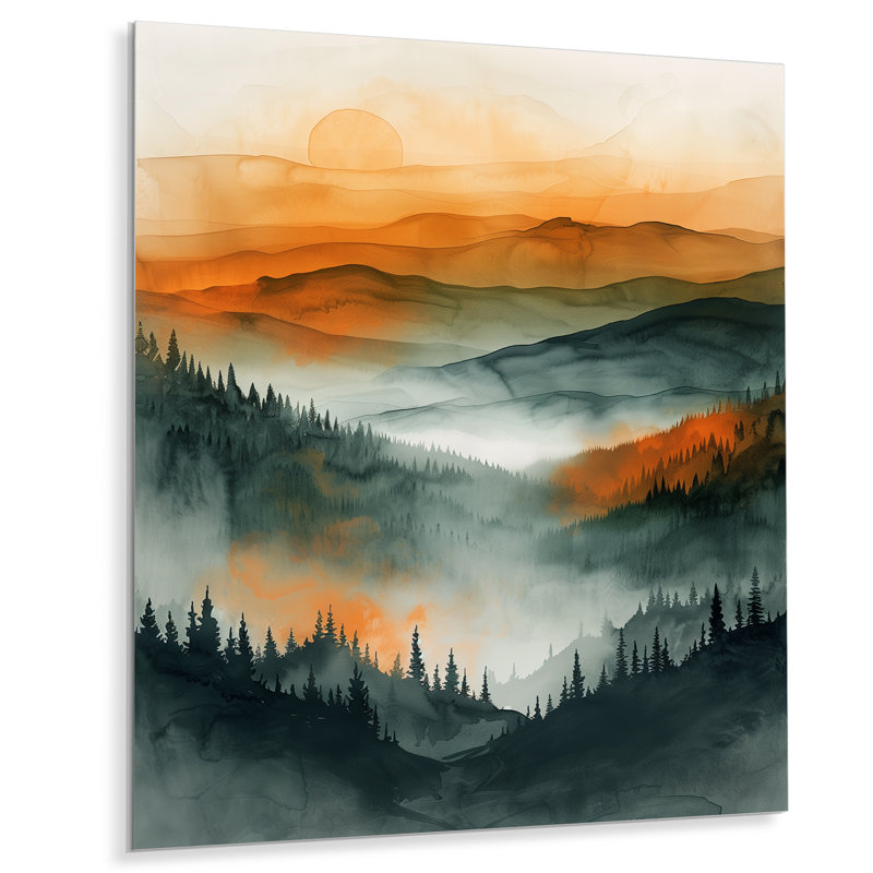 «Orange Green Forest Wilderness At Sunset III», art mural forêt, H 40 po x l 30 po, Cadre flottant noir
