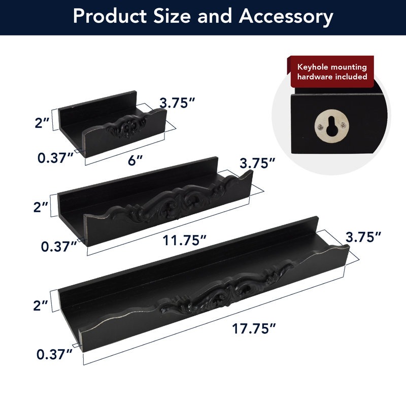 Vintage Black Ornate 3-Piece Floating Wall Shelf Set