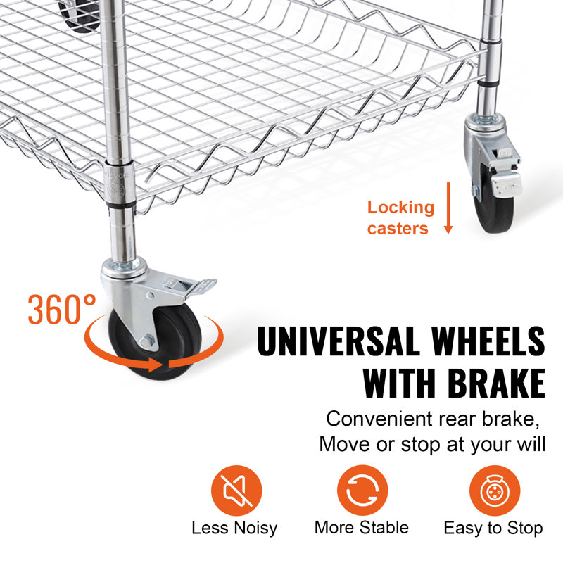 Silver 3-Tier Steel Utility Cart with Hooks and Wheels