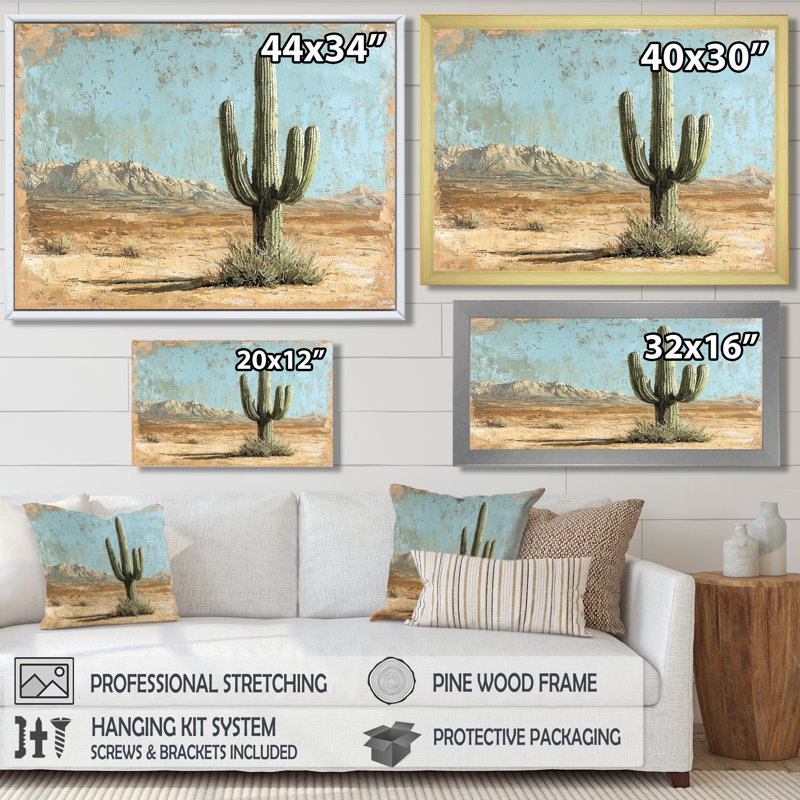Cactus dans le désert I - art mural cactus, Cadre simple, Noir, H 12 po x l 20 po