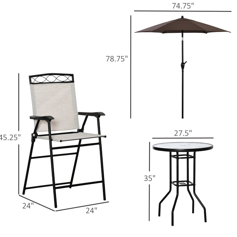 Ensemble de jardin 4 pièces beige. Comprend 2 chaises pliantes, un parasol ajustable et une table en verre trempé. Parfait pour le jardin, la terrasse ou la piscine. Composition : acier et maille respirante. Ensemble pliable.