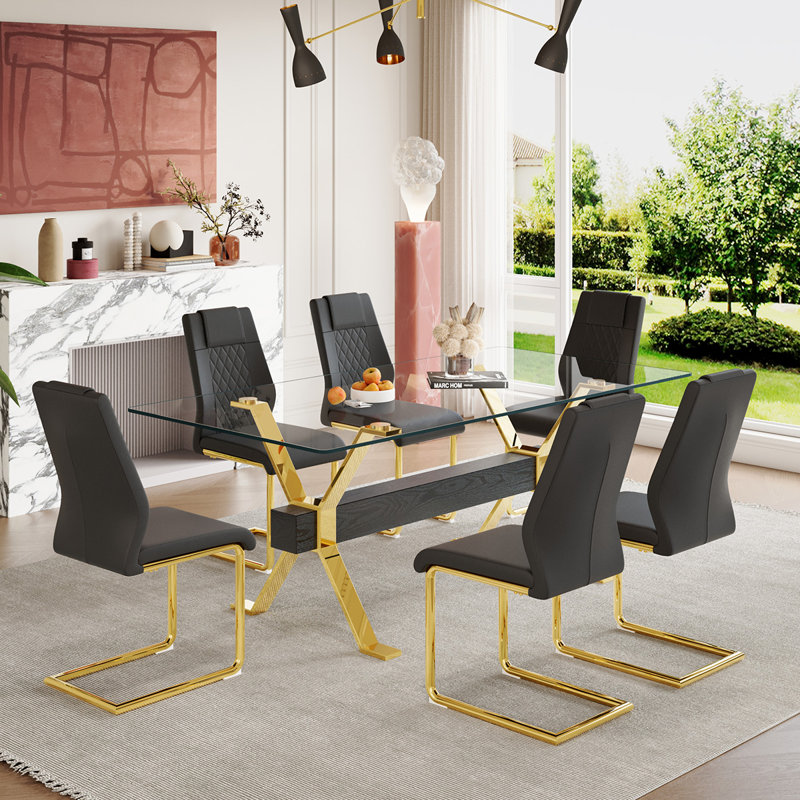 7-Piece Glass Top Dining Table Sets, Black/Gold, 76 cm H x 51 cm W