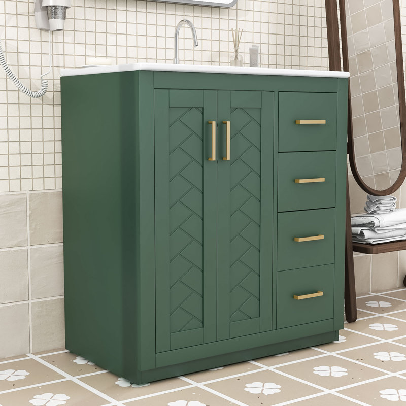 Ensemble de meuble-lavabo autoportant 3 tiroirs 30 po avec lavabo en céramique et portes à fermeture douce Harsimar, Green