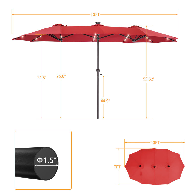 Grand parasol de marché extérieur DEL rectangulaire à double face DEL, H 7 pi 7 po x l 13 pi x P 7 pi, Rouge