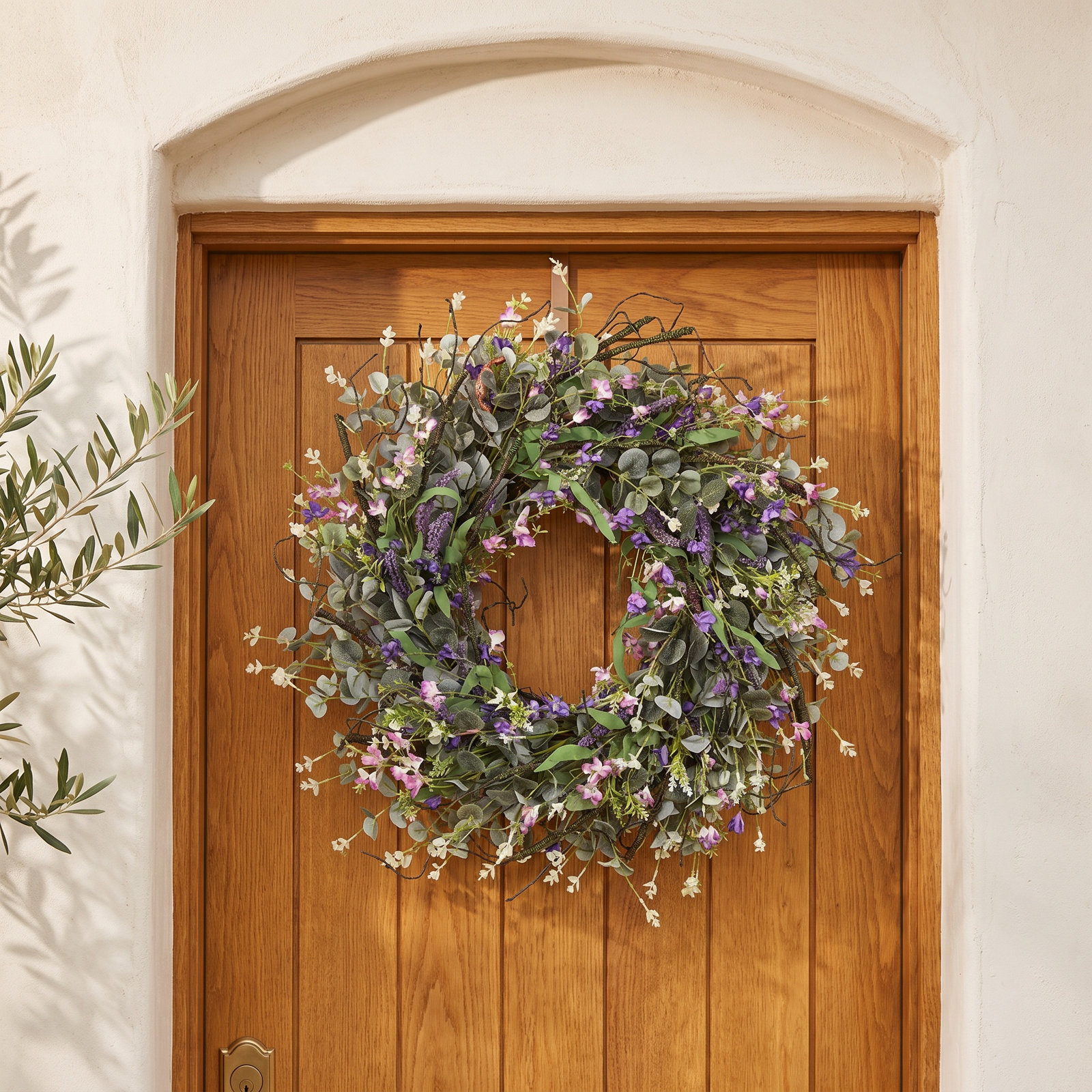 26" Artificial Farmhouse Twigs Lavender Berry Blossom Cluster Eucalyptus Wildflower Wreath For Front Door