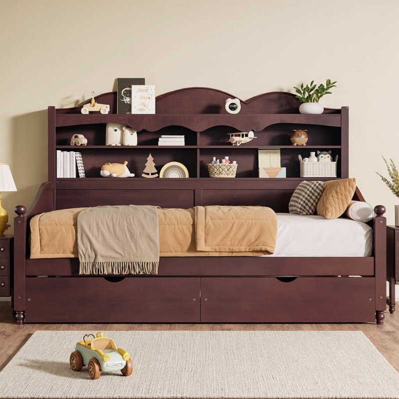 Twin Daybed with 2 Storage Drawers & Headboard Shelving, Wooden Retro Style Day Bed with Open Shelves, No Box Spring Needed for Bedroom, Living Room, Guest Room