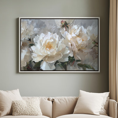 Art mural encadré sur toile - pivoines blanches élégantes sur fond gris doux - 16 po x 24 po, 24 po x 36 po