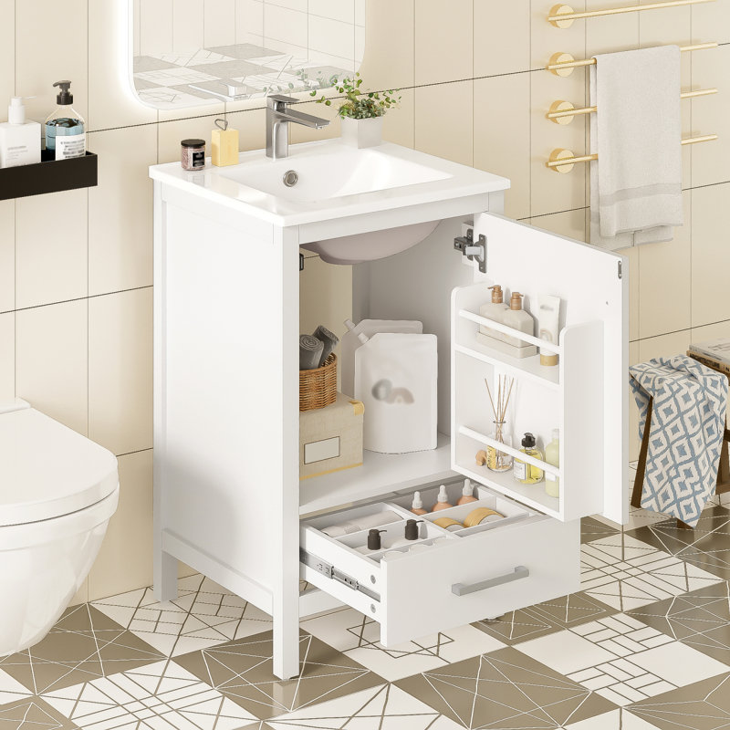 Meuble-lavabo de 20 po avec lavabo en céramique, fermeture en douceur et rangement compact, Blanc