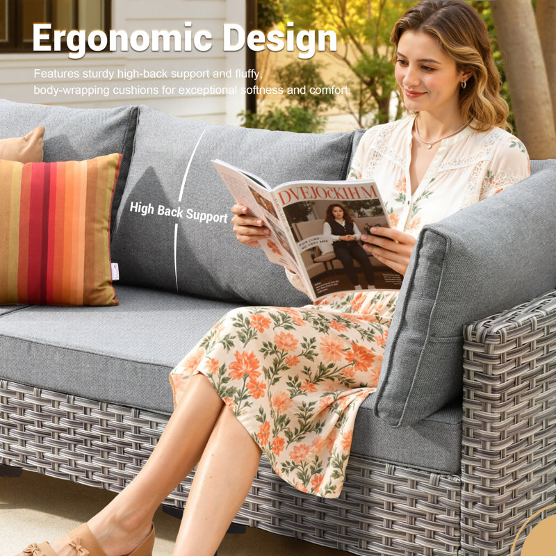 High Density Pe Cane Outdoor Sofa With Stove And Swivel Chair, Dark Gray