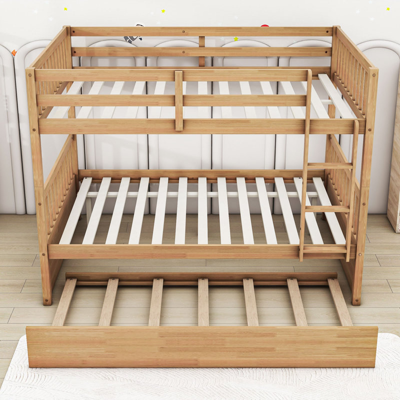 Full Over Full Wood Bunk Bed With Twin Trundle, Ladder And Guardrails, Natural