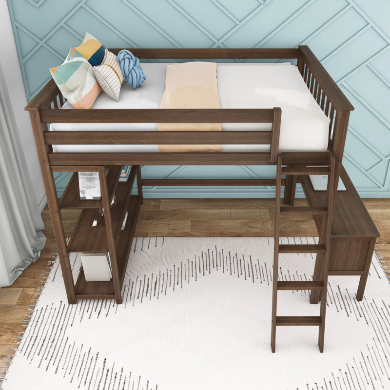 Ermal Full High Loft Bed With Bookcase And Desk, Walnut