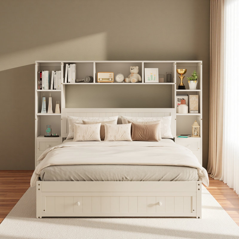 Lit plateforme en bois de pin avec table de chevet tout-en-un 2, Lit double 