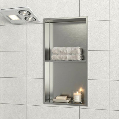 13" x 25" Stainless Steel Shower Niche, Double Shelf Waterproof Recessed Bathroom Wall Niche (Brushed Nickel, SUS304)