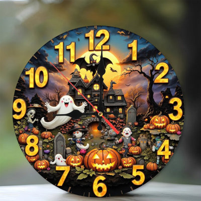 Halloween clock haunted house ghosts pumpkins