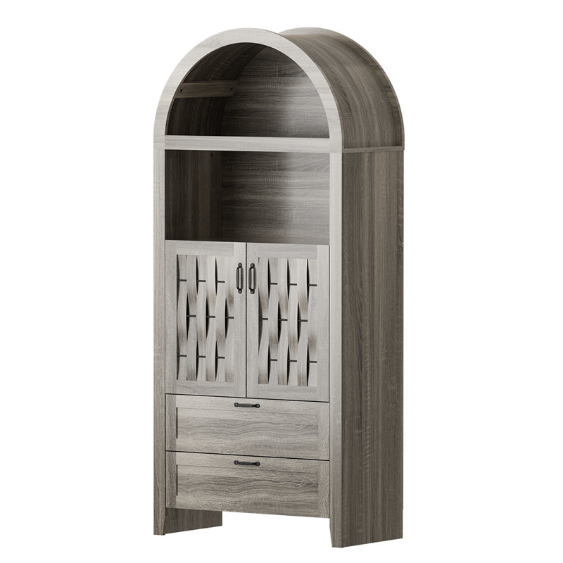 Arched Cabinet Bookshelf Bookcase - 71” Tall Mid Century Arched Display Cabinet, Open Shelf Storage Cabinet for Dining Room