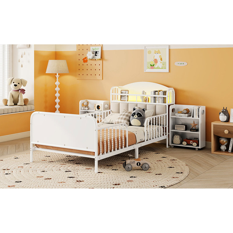 White Twin Metal Bed Frame With Led , Upholstered Headboard, And Low - Profile Style, Ideal For ' Sleep Zone Size Adjustable Lights, Guardrails, Pull Out Storage, Rooms