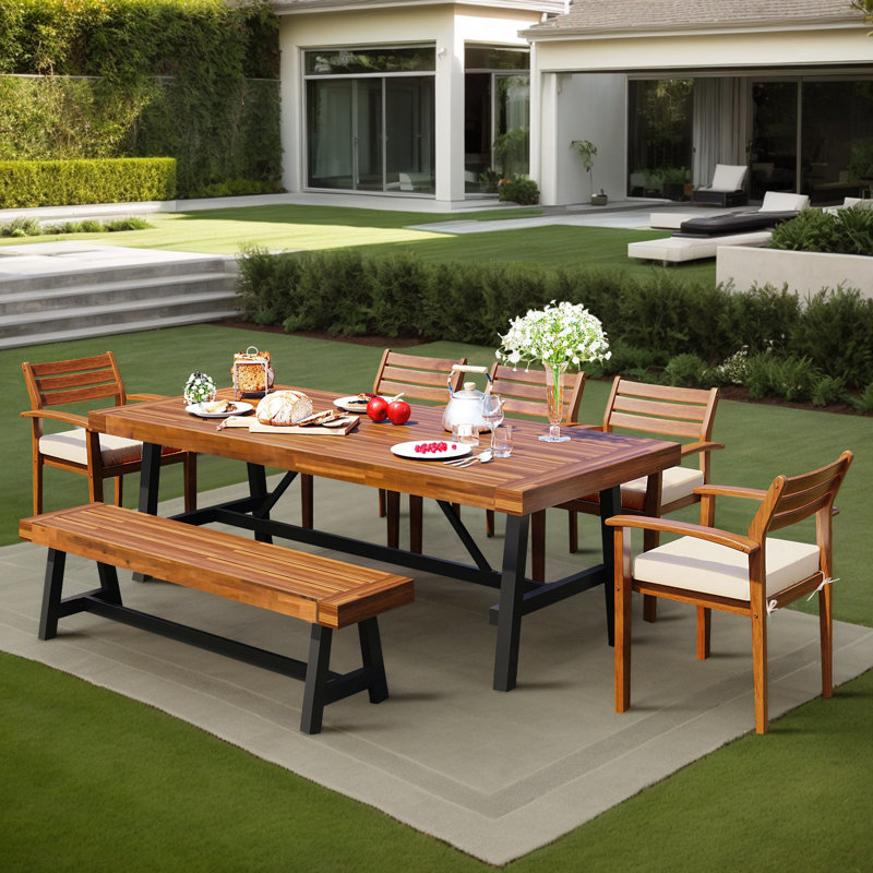 Abdel 8 - Person Acacia Wood Patio Dining Set with Removable Cushion, Ergonomic Chairs And Bench