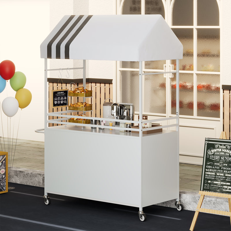 Chariot de transport portatif avec auvent, chariot de bonbons, chariot de nourriture mobile extérieur avec roues, Noir