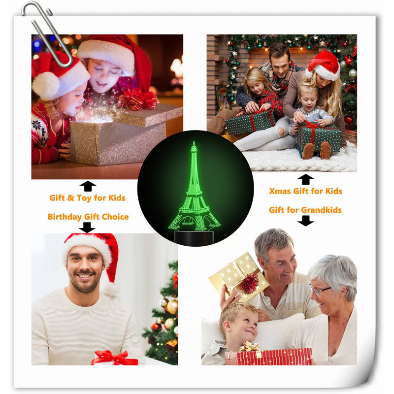 Eiffel Tower Nightlight 3D Illusion Lamp Visual Bedroom Decoration LED Lamp With Remote Control 16 Colour Changing Paris Fashion Style Acrylic Gifts For Birthday Xmas