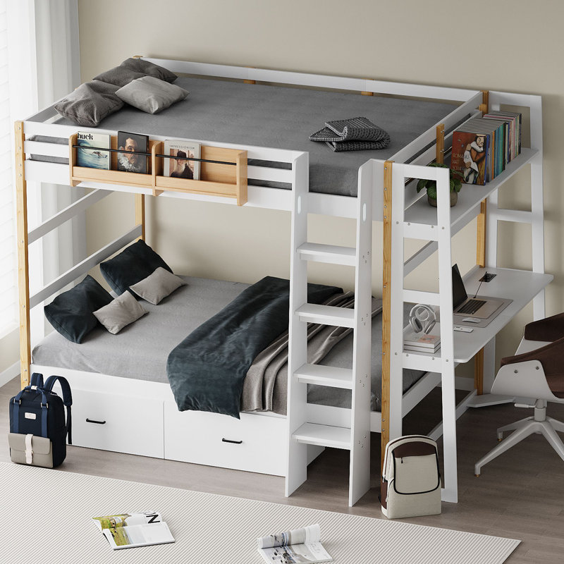 Lit superposé en bois massif avec bureau convertible, prises intégrées, lumières DEL et tiroirs de rangement, Double