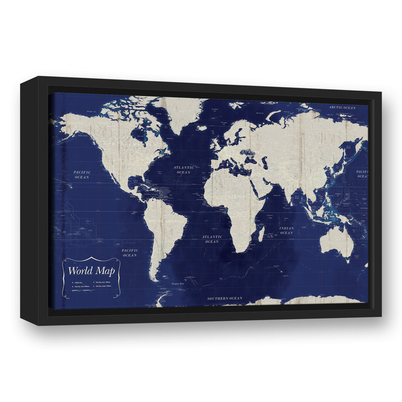 " Navy Blue World Map ", 19.75" W x 13.75" H