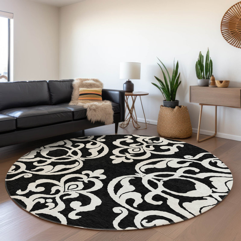 Chayden Flatweave Washable Damask Indoor / Outdoor Rug, Round 8'