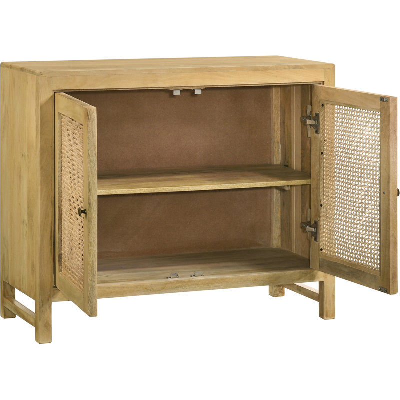 Armoire d'appoint 2 portes avec panneaux de canne tressés naturels, base en bois de manguier, accessoires en laiton antique pour le rangement des portes modernes, bois, fini