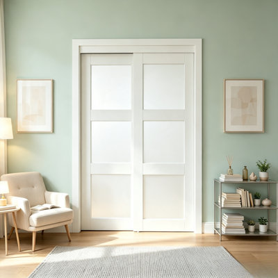 48"Wx80"H White Primed 3-Lite Tempered  Frosted Glass Sliding Door & Handle