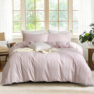 XINMIANFANG Striped Duvet Cover Set 100% Washed Cotton Linen Like Textured Vertical Stripes Bedding Comfy Breathable