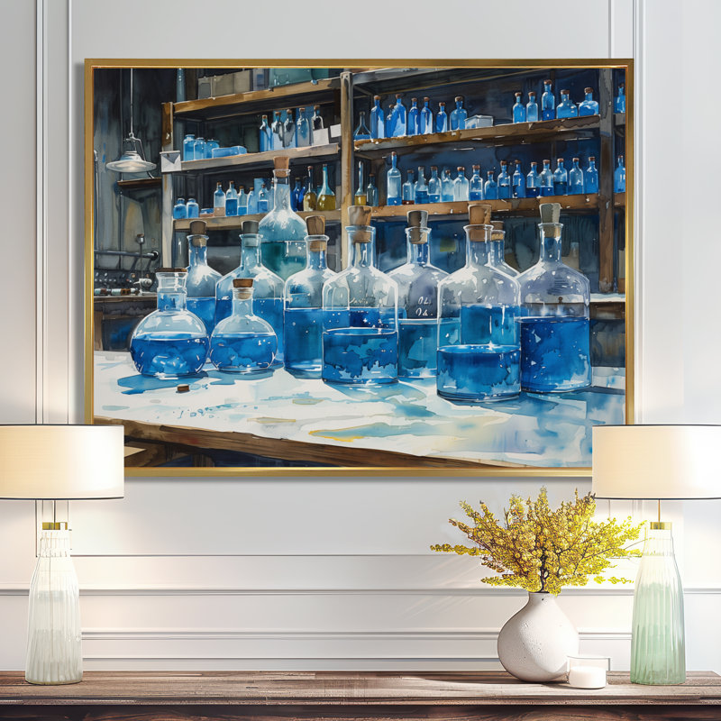Art mural bleu et bleu synthétique - Laboratories, Cadre flottant doré, 24" H x 32" W