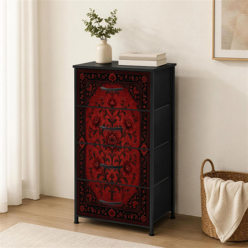 Commode 4 tiroirs pour chambre à coucher Élégante commode ornementale rétro rouge et noire