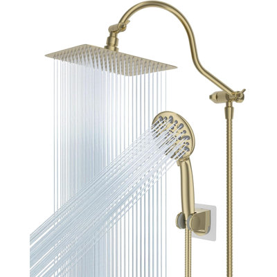 10'' Brushed Gold Square Rainfall Shower Head Combo With Handheld, Extension Arm & 7 Spray Settings