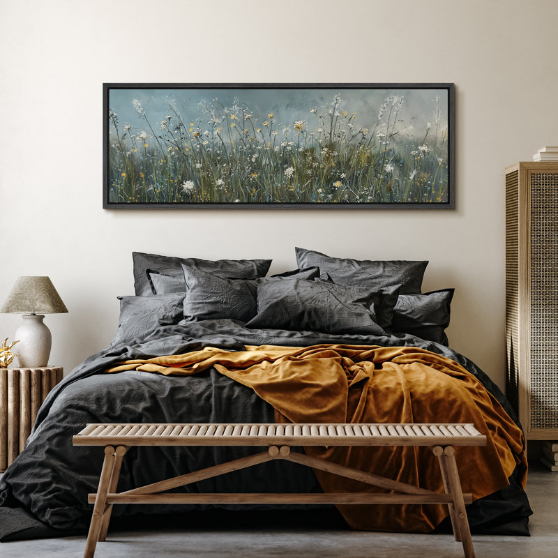Moody Blueish Green Wildflowers Artwork, Country Bedroom Wall Pictures, Giclee Canvas Digital Print Extra Large Framed Wall Art