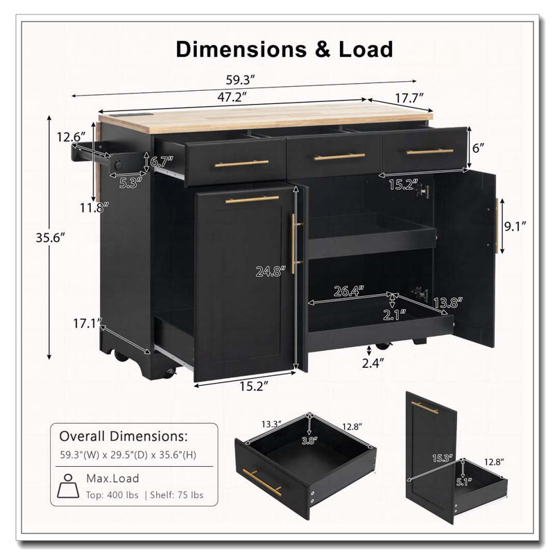 59.3" Kitchen Island with 2 Pull Out Cabinet Organizers & Rubber Wood Drop Leaf, Rolling Kitchen Island with Trash Can Storage, Power Outlet, Spice & Towel Rack for Kitchen, Dining
