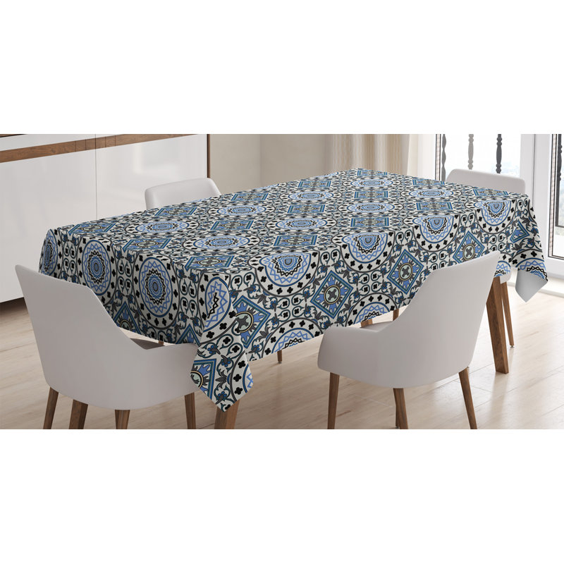 Orient Tablecloth, Retro Style Motifs Mosaic Ceramic Design Traditional Culture Print, Rectangular Table Cover For Dining Room Kitchen Decor, 60" X 84", Grey White Blue