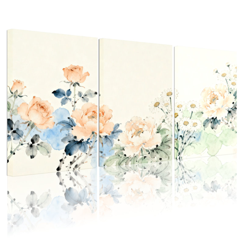 Plantes et fleurs, aquarelle florale, roses et marguerites, ensemble de 3 impressions sur toile, H 18 po x l 36 po
