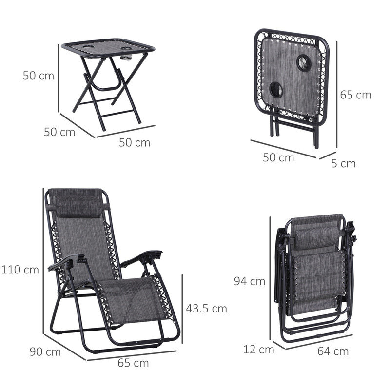 3-Piece Folding Zero Gravity Chair Set with Side Table & Cup Holders - Light Grey Reclining Sun Loungers for Garden, Yard, or Poolside