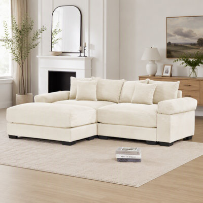 Canapé d'angle modulaire Cloud surdimensionné de 234 cm (92 pouces) avec pouf, tissu velours côtelé doux, assise profonde, larges accoudoirs, design ergonomique, 6 coussins décoratifs, montage facile, couleur crème