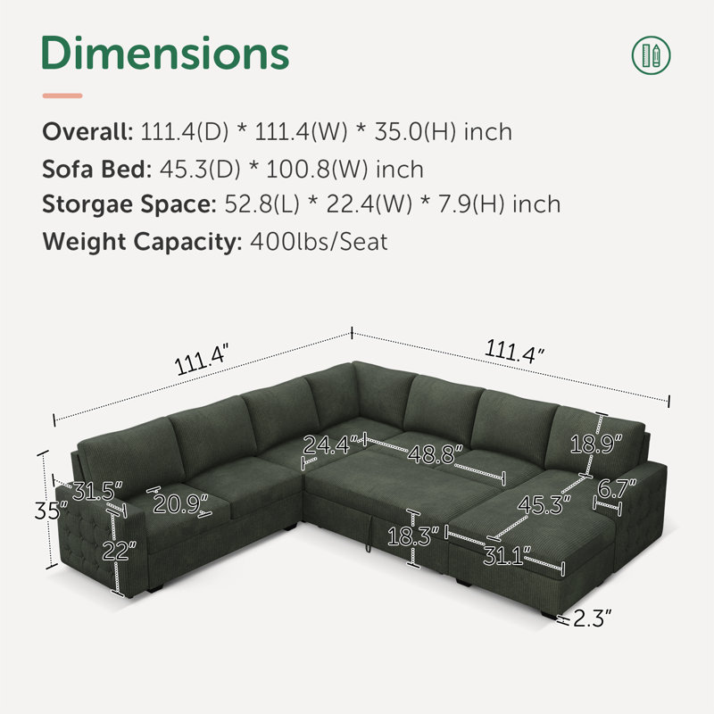 Brunella U-shaped Oversized Sleeper Sofa Storage Corduroy Sectional, Green Corduroy