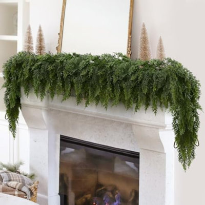 2PCS 6FT Christmas Cedar Garland with 160 Pine Branches, Realistic Faux Garland Artificial Greenery for Fireplace, Table, Mantle, Wall, Indoor, Outdoor,Home Decorations