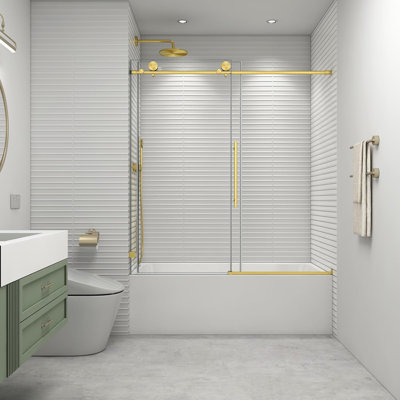 56"-60" W X 63" H Bathtub Soft Closing Sliding Shower Door,water Repellent Frameless Tub Shower Door With 5/16" (8mm) Nano Explosion-proof Film Transparent Glass