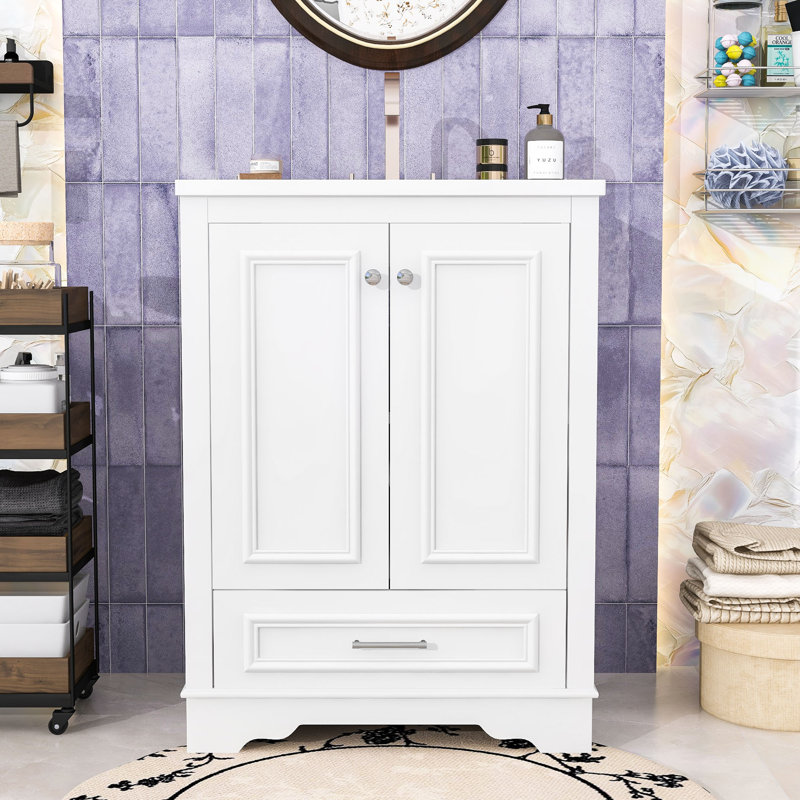 Drawer Bathroom Vanity with Ceramic Sink, Adjustable Shelves and Soft-Close Doors Cabinet, Silver, White