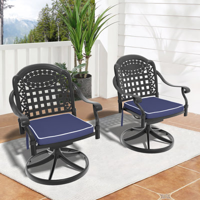 Chaise de patio pivotante en fonte d'aluminium 2 pièces avec structure noire et coussins bleus