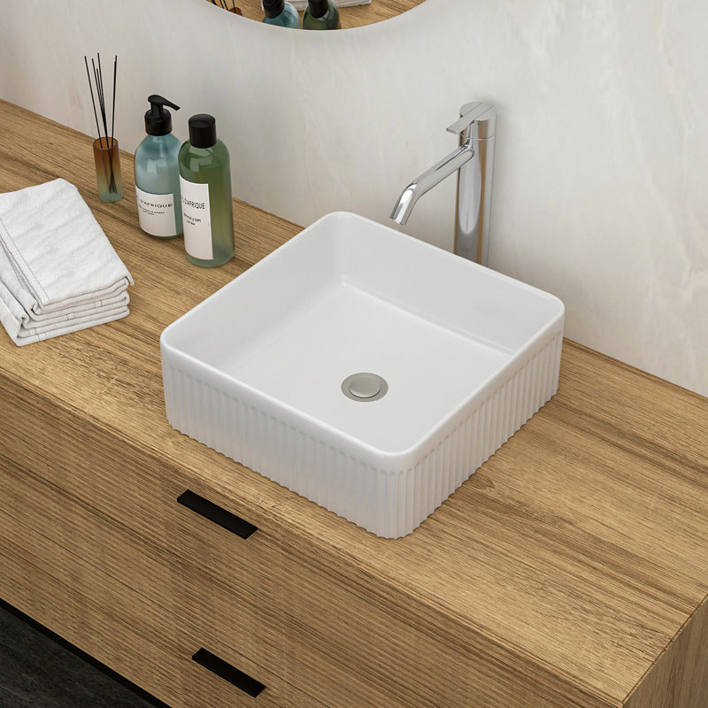 15.69"X15.69" White Ceramic Square Vessel Bathroom Sink