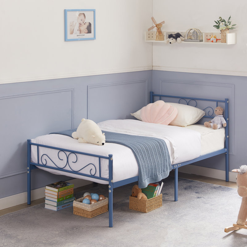 Lit plateforme simple en métal de 14 pouces avec tête de lit et pied de lit Kempst, sommier robuste avec support en lattes d'acier, aucun sommier requis, rangement sous le lit