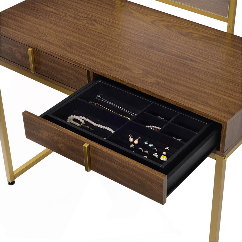 Bureau de coiffeuse 2 tiroirs avec miroir et plateau à bijoux, noyer et or