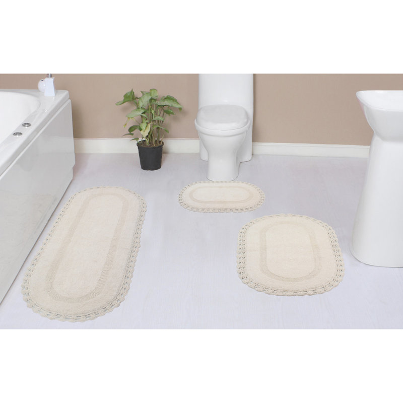 Hampton Crochet Absorbent Cotton Soft 3 Piece Bath Rug Set, Ivory